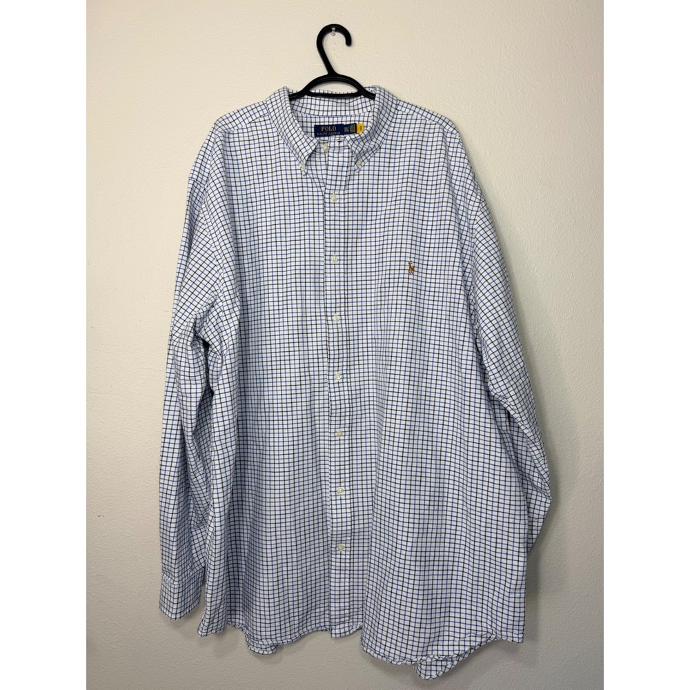 Polo Ralph Lauren Mens 3XLT Blue White Check Long Sleeve Button Down‎ Shirt Tall